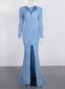 Party Dresses Romantic Sky Blue Long Sleeve Mermaid Wedding Gown Shiny Sequin Stretchy Velvet Slit Leg Evening Maxi Prom 230310