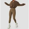ヨガ衣装ハイカラー冬のセーター 2 ツーピース暖かいルーズパーカーセットトレーニング服女性スポーツウェアフィットネス 230310