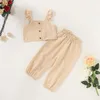 Ensembles de vêtements Pudcoco enfant en bas âge bébé fille vêtements couleur unie sans manches sangle culture bouton hauts pantalons longs 2 pièces tenues 1-6Y