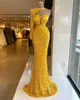 Party Dresses Luxury Evening Bright Yellow Sequins Pärlor Halter Mermaid Prom Dress Long Hleeves Glowns Anpassa Robe de 230310