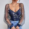 Women's Blouses Ladies Autumn Summer Lace Embroidery Shirt Blouse Women Floral Pathchwork Mesh Long Sleeve V Neck Backless Slim Pullover