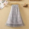 Skirts Pleated Women 2023 Spring Summer Korean Fashion Sweet Elastic High Waist Embroidered Mesh Midi Skirt Jupe Femme Y913