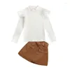 Clothing Sets Fashion Autumn Kids Girls Outfits Suit Solid Cotton Long Sleeve Fluffy Hair Knitted Tops Leather Short Skirt With Belt Set