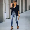 Jeans da donna Pantaloni a matita casual strappati skinny a vita media a vita alta elasticizzati Pantaloni in denim con polsini sbiancati Nero/BluDa donna