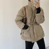 Trench-Coats Femme Diamond Check Coton Rembourré Vestes Simple Boutonnage Fermeture Éclair Tie-up Parka Manteau Hiver Épaissi Col Montant Femme