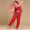 Stage Wear Belly Dance Suit Top Pants Veil Headgear Women Sexy Tassel Sequins Costumes Outfit Carnival Performance