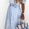 Casual jurken zomer Frans vierkante kraag vintage vrouwen jurk borduurwerk korte mouw met eenhol met één borsten met een borste shirt voor kantoor