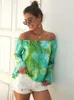 Women's Blouses Tie Dye Slash Neck Flare Long Sleeve Bandage Sexy Off Shoulder T Shirt Women Casual Loose Streetwear Plus Size Office Tops