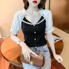 Dames blouses zomer kanten kanten korte mouw chiffon tees vrouwen kleding Koreaanse sleutelbeen splicing crop tops vrouwelijke casual t-shirts