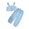 Ensembles de vêtements Pudcoco enfant en bas âge bébé fille vêtements couleur unie sans manches sangle culture bouton hauts pantalons longs 2 pièces tenues 1-6Y