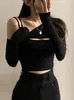 Women's TShirt Rockmore 2 Piece And Cami Crop Top Women Y2K Harajuku Long Sleeve Skew Collar Casual Basic Tight Tees Female Korean 230311