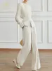Kvinnors tvåbitar byxor H Han Queen Autumn Ockupation 2 -stycken kostym Elegant långärmad topp Simple Wide Leg Korean Ol Casual Set 230310