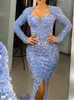 Party Dresses Romantic Sky Blue Long Sleeve Mermaid Wedding Gown Shiny Sequin Stretchy Velvet Slit Leg Evening Maxi Prom 230310