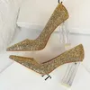 Kledingschoenen vrouwen 10 cm hoge hakken glitter scarpins gouden pailletten blok heldere hakken pumps dame bruiloft bruids bruids transparante dikke witte schoenen 230311