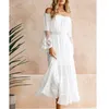 Casual Kleider 2023 Mode Off Schulter Weiß Spitze Kleid Dame Hemd Langarm Elegante Midi Robe