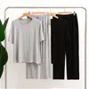 Herren-Nachtwäsche, Modal-Hosen-Pyjama-Anzug für Herren-Hauskleidung, kurzärmelige Hose, tiefe Taschen, einfarbig, drapiert, große Pyjama-Männer 230311