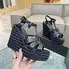 Classic Cross Cow Lacquer Leather Sandals Sexy Shoes Wedge Heel Thick Water Meter Sandals 12.5cm High Heel Factory Shoes 35-42 Women's Wedding Party Shoes