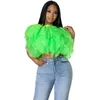 Kvinnors blusar Puffy Petal Sleeve Chiffon Blus Shirt Women Solid O Neck Pleated Streetwear Elegant Crop Top Summer Fashion Casual Shirts