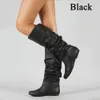 Boots Women Leather Mid Calf Boots Casual Slip on Autumn Winter Long Boots Flats Fashion Pleated Round Toe Black Elegant Botas Female 230311