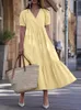 Casual Dresses Casual Summer Dress Women Loose V-Neck Long Dress Short Sleeve Elegant A-Line Dresses Female Vintage Solid Large Wing Dress G230311