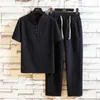 Men's Tracksuits Arrival Cotton and Linen Short Sleeve TshirtAnkle Length Pant Set Solid ShirtTrousers Home Suits Male Size M5XL 230311