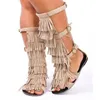 Vendita di sandali Ritagli Sandali alti al ginocchio Stivali Donna Moda Con frange Fibbia Strappy Falt Gladiatore Summrt