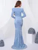 Robes de soirée romantique bleu ciel à manches longues sirène robe de mariée brillant paillettes extensible velours fente jambe soirée Maxi bal 230310