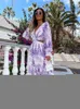 Casual Dresses Elegant Sexy V Neck Hollow Out Long Dress For Women 2022 Autumn Casual Long Sleeve Print Bohemian Beach Vacation Midi Dresses G230311