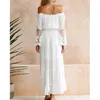 Casual Kleider 2023 Mode Off Schulter Weiß Spitze Kleid Dame Hemd Langarm Elegante Midi Robe