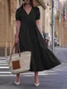 Casual Dresses Casual Summer Dress Women Loose V-Neck Long Dress Short Sleeve Elegant A-Line Dresses Female Vintage Solid Large Wing Dress G230311