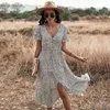 Casual Dresses 2021 New Style Summer Print Ruffled Ladies Casual V-ringning DrawString Button Dress Women's Gammal-Fashioned White Dress Vestidos G230311