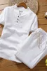 Men's Tracksuits Arrival Cotton and Linen Short Sleeve TshirtAnkle Length Pant Set Solid ShirtTrousers Home Suits Male Size M5XL 230311