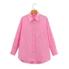 Kvinnors blusar visnade 2023 Vintage Fashion Simple Candy Color Solid Pockets pojkvän Lös bomull Casual Blus Women Shirt