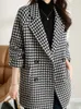 Kvinnors kostymer blazers Autumn Women Fashion Houndstooth Woolen Blazer Coat Double Breasted Vintage Casual Suit Jackets Female Outerwear Chic Tops 230311