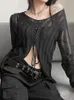 Kvinnors tshirt goth Dark Mall Gothic See Through Bandage Blus Grunge Black Casual Sexig Knitwear Tshirt Y2K Långärmad streetwear Women Tops 230310