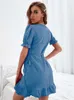 Robes Décontractées D'été Manches Bouffantes Robe À Volants Femmes Sexy Col En V Côté Wrap Robe Solide Mince En Mousseline De Soie Mini Robe Élégante Robe De Soirée Courte G230311