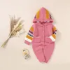 Rompers FocusNorm素敵な女の赤ちゃんの男の子編みロンパーの衣装0-18m長袖フード付きシングル胸を印刷したジャンプスーツ230311