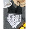 Costumi da bagno da donna Bikini a vita alta 2023 Donna arruffato Bagnanti da donna Costume da bagno sexy Set da 2 pezzi Stampa Costume da bagno serpente retrò