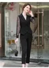 Frauen Zwei Stück Hosen Stil Sommer Schwarz Blau Spitze Patchwork Frau Anzüge Mit Hose Koreanische Damen Business Blazer Set arbeit WearWomen's