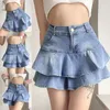 Etekler kadın yaz yüksek bel a-line mini kek kot pantolon vintage yıkanmış pileli fırfırlar katmanlı katmanlı sıradan ince denim sokak kıyafeti