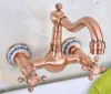 Kitchen Faucets Antique Red Copper Brass Wall Mounted Bathroom Sink Faucet Swivel Spout Mixer Tap Double Cross Handles Levers Anf941