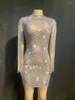 Lässige Kleider Frauen Sexy Transparent Silber Strass Kleid Mesh Durchsichtig Einteilige Kristalle Fransen Geburtstag Feiern Kostüm