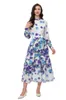 Women's Runway Dresses O Neck Long Sleeves Floral Printed Sash Belt Fashion Designer Vestidos