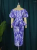 Plus Size Dresses Dye For Women Blue Peplum Midi Short Puff Sleeve Robes Sexy Vintage Elegant Ladies Print Cocktail Event Gowns