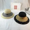 Wide Brim Hats Pearl Silk Straw Hat For Women Summer British Beading Flat Brimmed Shading Sun Lady Beach HatWide