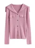 Damesbreien T Tees Dushu College Style Navy Collar Brearwear Early Spring Sweet Color Contrast Tops Pink Vneck Cardigan For Women 230311