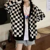 Damen Strick T-Shirts Deeptown Koreanischer Stil Oversize Plaid Cardigan Pullover Frauen Vintage Schachbrett Strickjacke Mode Langarm Pullover weiblich 230311