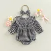 Strampler 2 Stücke Baby Mädchen Frühling Herbst Plaid Langarm Rüschen Strampler Haarband Lässige Outfits für Kleinkinder Mädchen Kleidung 018 Monate 230311