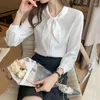Kvinnors blusar Elegant Bow Tie Women Shirt Spring Autumn Ladies Solid Long Sleeve Chiffon Shirts Casual Vintage Tops