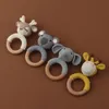 Rattles Mobiles 1pc Wooden Crochet Bunny Rattle Toy BPA Free Wood Ring Baby Teether Rodent Baby Gym Mobile Rattles born Educational Toys 230311